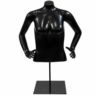 Busto Expositor Feminino de Plástico Preto Com Braços E Base