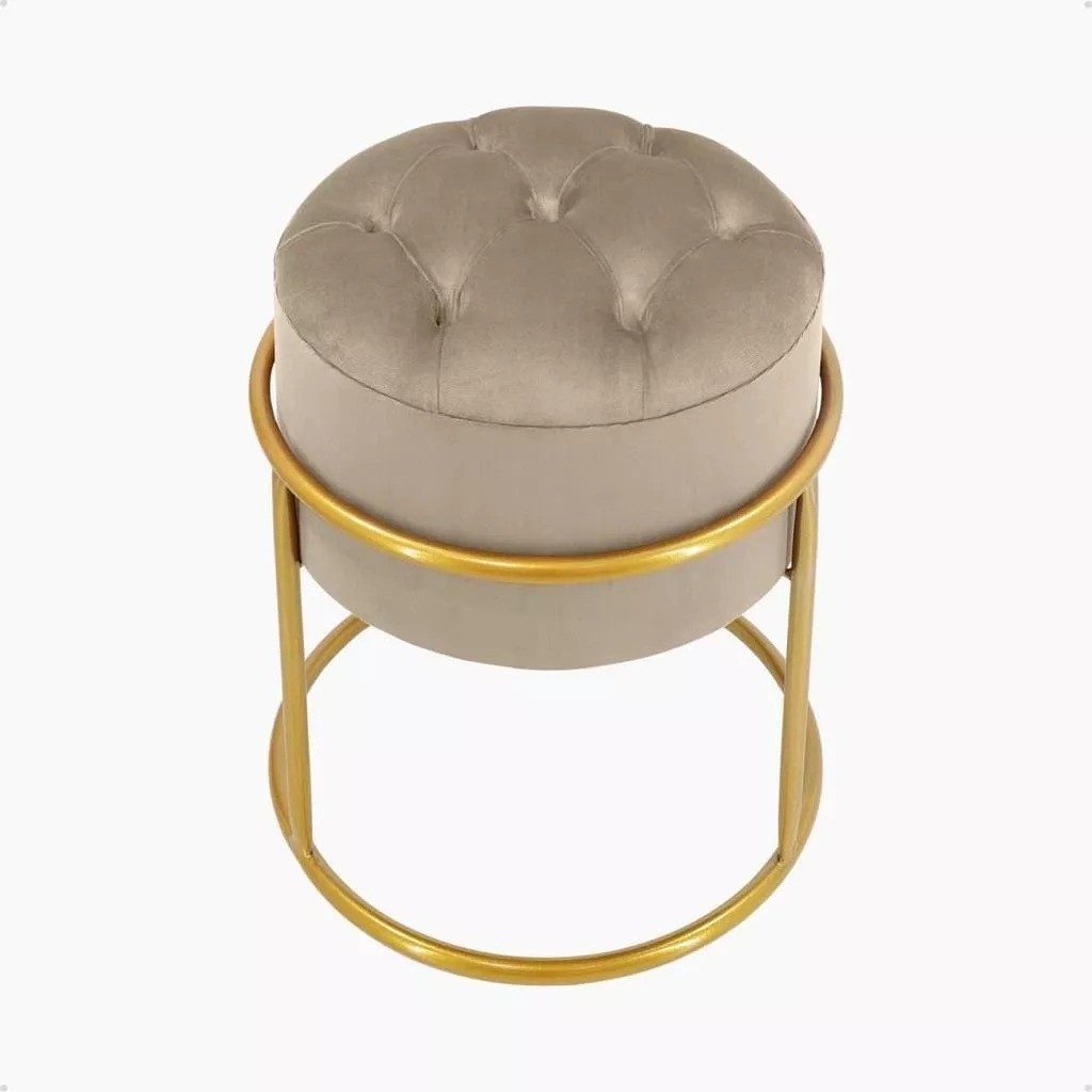 Puff Redondo Luxo Argola Dourado Assento Bege
